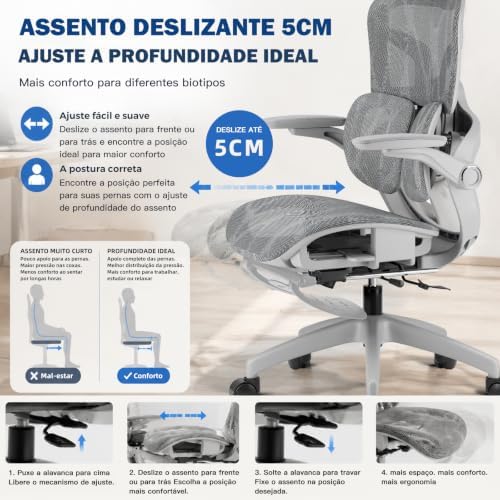 Cadeira de Escritório Ergonômica Testada conforme NR-17, Duplo Apoio Lombar, Assento Deslizante com Ajuste de Profundidade 5cm, Apoio para Pés Retrátil, Reclinável até 135° para Home Office(Cinza)