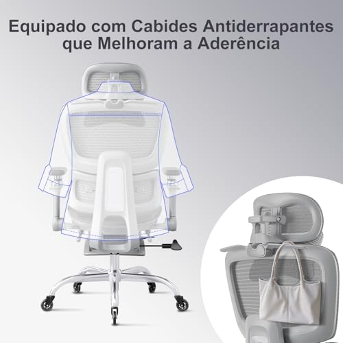 Cadeira de Escritório Ergonômica em Tela Mesh com Apoio para os Pés, Encosto Reclinável 145° e Braços 6D para Home Office e Estudos, Suporte Lombar 2D, Rodas de Borracha, Cinza