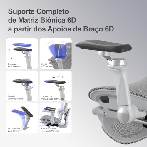 Cadeira de Escritório Ergonômica em Tela Mesh com Apoio para os Pés, Encosto Reclinável 145° e Braços 6D para Home Office e Estudos, Suporte Lombar 2D, Rodas de Borracha, Cinza