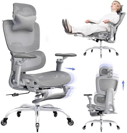 Cadeira de Escritório Ergonômica em Tela Mesh com Apoio para os Pés, Encosto Reclinável 145° e Braços 6D para Home Office e Estudos, Suporte Lombar 2D, Rodas de Borracha, Cinza