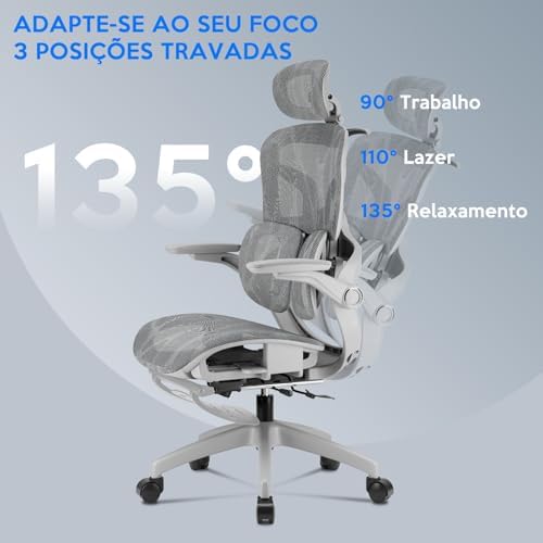 Cadeira de Escritório Ergonômica Testada conforme NR-17, Duplo Apoio Lombar, Assento Deslizante com Ajuste de Profundidade 5cm, Apoio para Pés Retrátil, Reclinável até 135° para Home Office(Cinza)