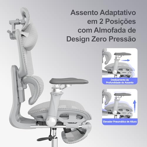 Cadeira de Escritório Ergonômica em Tela Mesh com Apoio para os Pés, Encosto Reclinável 145° e Braços 6D para Home Office e Estudos, Suporte Lombar 2D, Rodas de Borracha, Cinza