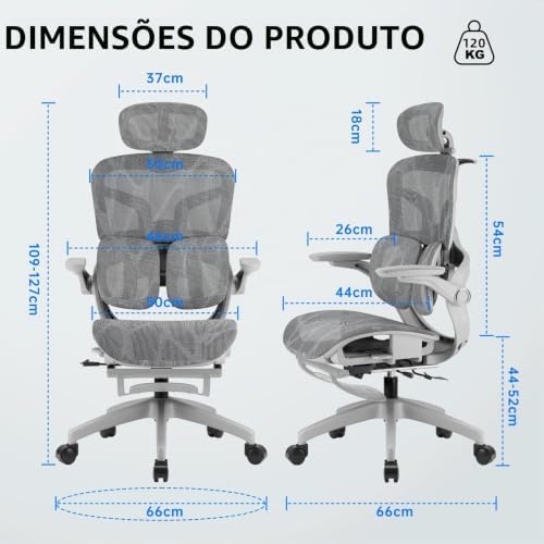 Cadeira de Escritório Ergonômica Testada conforme NR-17, Duplo Apoio Lombar, Assento Deslizante com Ajuste de Profundidade 5cm, Apoio para Pés Retrátil, Reclinável até 135° para Home Office(Cinza)