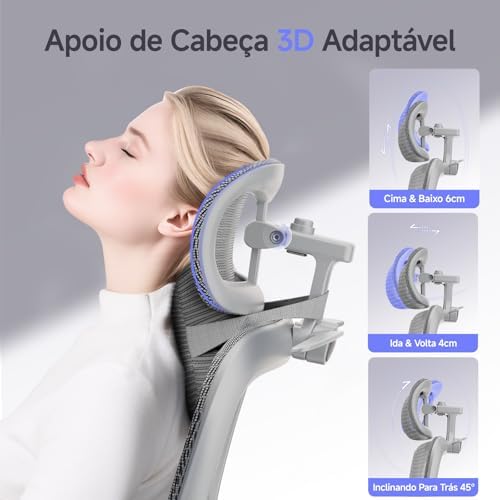 Cadeira de Escritório Ergonômica em Tela Mesh com Apoio para os Pés, Encosto Reclinável 145° e Braços 6D para Home Office e Estudos, Suporte Lombar 2D, Rodas de Borracha, Cinza