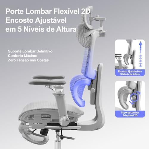 Cadeira de Escritório Ergonômica em Tela Mesh com Apoio para os Pés, Encosto Reclinável 145° e Braços 6D para Home Office e Estudos, Suporte Lombar 2D, Rodas de Borracha, Cinza