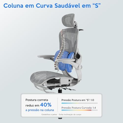 Cadeira de Escritório Ergonômica Testada conforme NR-17, Duplo Apoio Lombar, Assento Deslizante com Ajuste de Profundidade 5cm, Apoio para Pés Retrátil, Reclinável até 135° para Home Office(Cinza)