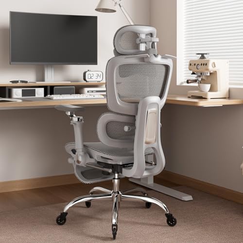 Cadeira de Escritório Ergonômica em Tela Mesh com Apoio para os Pés, Encosto Reclinável 145° e Braços 6D para Home Office e Estudos, Suporte Lombar 2D, Rodas de Borracha, Cinza