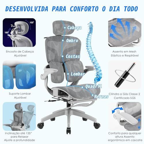 Cadeira de Escritório Ergonômica Testada conforme NR-17, Duplo Apoio Lombar, Assento Deslizante com Ajuste de Profundidade 5cm, Apoio para Pés Retrátil, Reclinável até 135° para Home Office(Cinza)